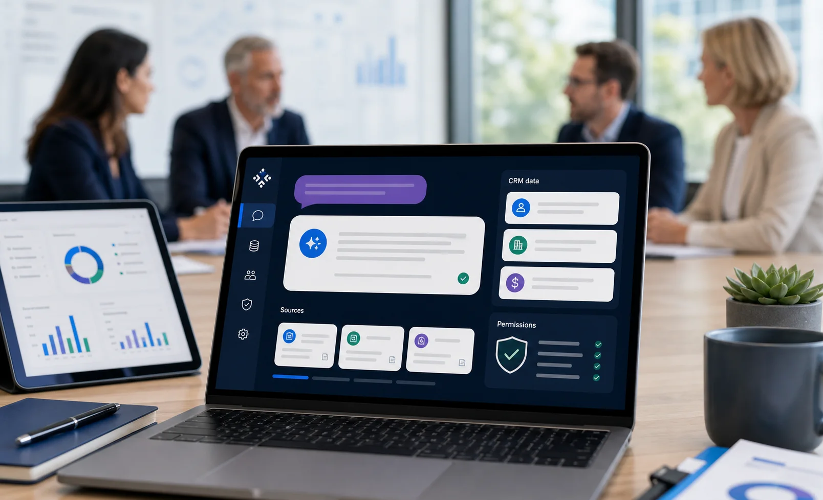AI CRM readiness interface showing sourced answers and approved data cards
