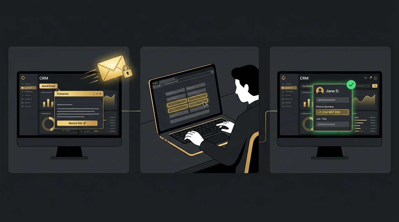 Illustration of sending a secure link, customer updating a prefilled form and the CRM record updating automatically