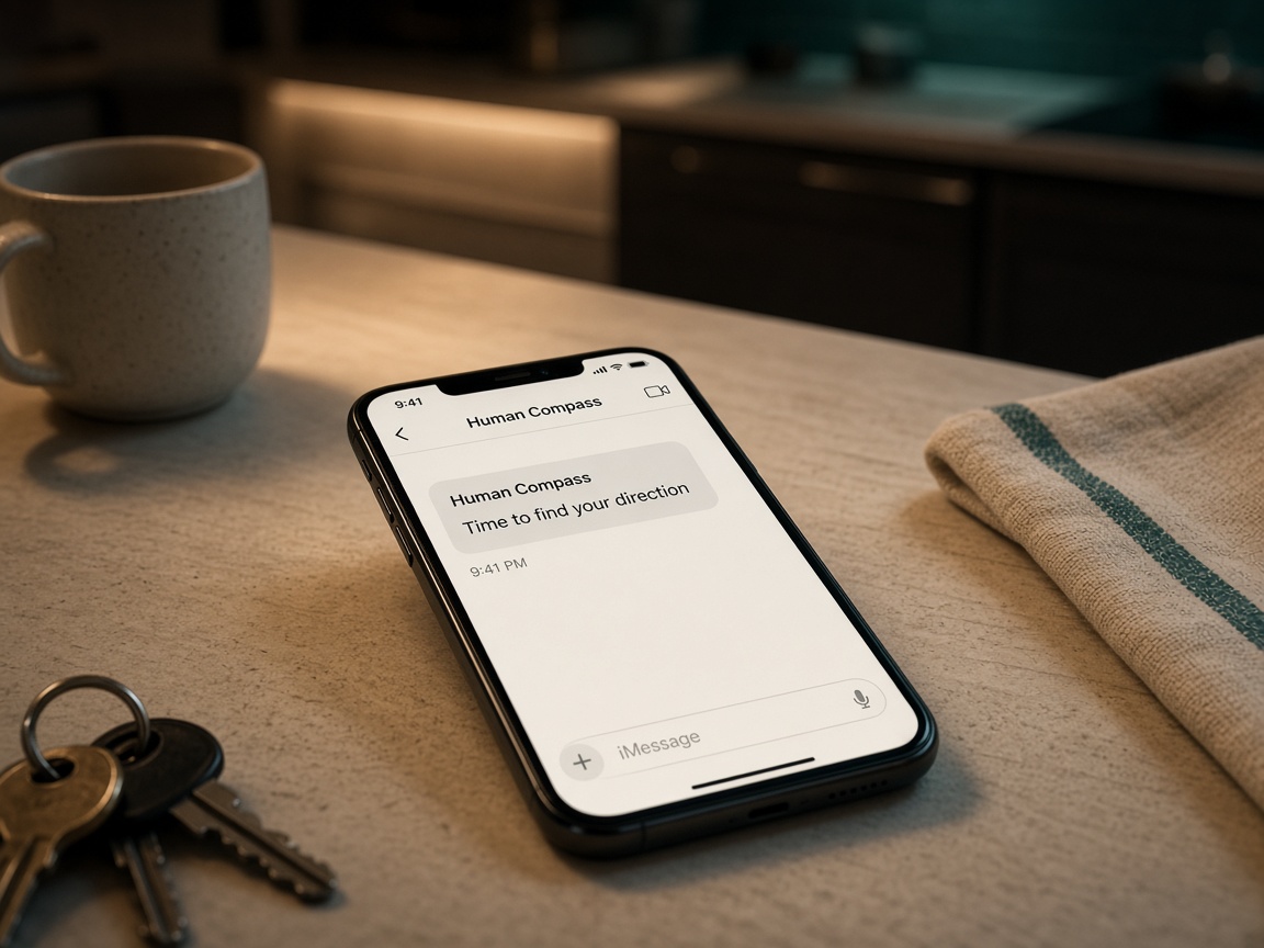 Phone on a kitchen counter after hours. A Human Compass message reads: Time to find your direction.